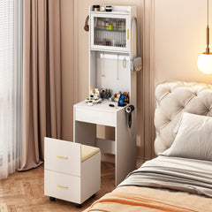 HAOYYE Small Vanity Desk with Mirror and LED Lights, Compact Makeup Table with Charging Station, Storage Shelves, Hidden Storage Stool for Bedroom, Mini Corner Vanity Set for Small Spaces, White, Space-Saving Design, Modern and Functional