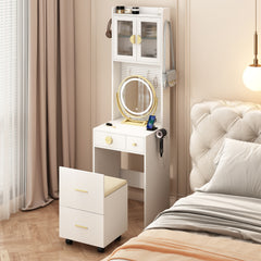 HAOYYE Small Vanity Desk with Mirror and LED Lights, Makeup Table with Charging Station, Drawers & Storage Shelves, Compact Mini Corner Vanity Set with Hidden Storage Stool for Bedroom, Space-Saving, Modern Makeup Organizer for Small Spaces