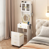 HAOYYE Small Vanity Desk with Mirror and LED Lights, Makeup Table with Charging Station, Drawers & Storage Shelves, Compact Mini Corner Vanity Set with Hidden Storage Stool for Bedroom, Space-Saving, Modern Makeup Organizer for Small Spaces