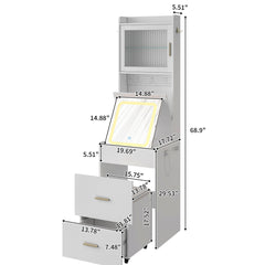 HAOYYE Small Vanity Desk with Mirror and LED Lights, Compact Makeup Table with Charging Station, Storage Shelves, Hidden Storage Stool for Bedroom, Mini Corner Vanity Set for Small Spaces, White, Space-Saving Design, Modern and Functional