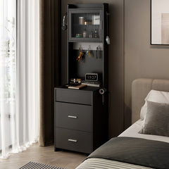 HAOYYE Small Vanity Desk with Mirror and LED Lights, Compact Makeup Table with Charging Station, Storage Shelves, Hidden Storage Stool for Bedroom, Modern Corner Vanity Set for Small Spaces, Black