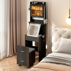 HAOYYE Small Vanity Desk with LED Mirror, Adjustable Lighting, Charging Station & Storage Shelves, Compact Makeup Table with Hidden Storage Stool, Space-Saving Mini Corner Vanity Set for Bedroom, Black