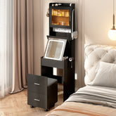 HAOYYE Small Vanity Desk with Mirror and LED Lights, Compact Makeup Table with Charging Station, Storage Shelves, Hidden Storage Stool for Bedroom, Modern Corner Vanity Set for Small Spaces, Black