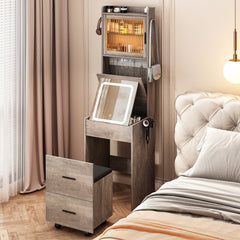 HAOYYE Small Vanity Desk with LED Mirror Lights, Makeup Table with Charging Station & Storage Shelves, Compact Mini Corner Vanity Set with Hidden Storage Stool for Small Bedroom, Modern Gray, Space-Saving Design for Apartments