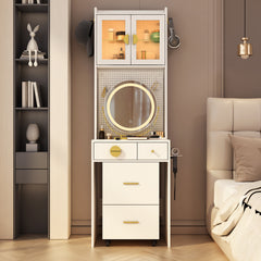 HAOYYE Small Vanity Desk with Mirror and LED Lights, Makeup Table with Charging Station, Drawers & Storage Shelves, Compact Mini Corner Vanity Set with Hidden Storage Stool for Bedroom, Space-Saving, Modern Makeup Organizer for Small Spaces