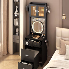 HAOYYE Small Vanity Desk with Mirror and LED Lights, Makeup Table with Charging Station, Drawers & Storage Shelves, Compact Mini Corner Vanity Set with Hidden Storage Stool for Bedroom, Space-Saving, Modern Makeup Organizer for Small Spaces