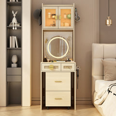 HAOYYE Small Vanity Desk with LED Mirror and Lights, Compact Makeup Table with Charging Station, Storage Shelves, Drawers & Hidden Stool for Small Space, Mini Corner Vanity Set for Bedroom, Modern Storage Solution for Apartments