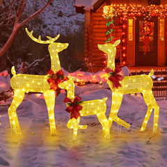 HAOYYE 3-Piece Lighted Christmas Reindeer Family Set, Pre-Lit 2D Deer Family with 200 Warm White LED Lights, Weather-Proof Outdoor Christmas Decorations with Stakes, Golden Christmas Ornament for Home, Yard, and Patio Holiday Display