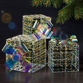 HAOYYE Iridescent Lighted Gift Boxes Set of 3, Pre-lit Nestable Christmas Present Ornaments with 140 Warm White LED Lights, Weather-Resistant Stakes for Outdoor Indoor Holiday Yard Patio Décor