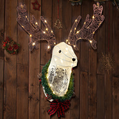 HAOYYE Lighted Christmas Wall Decor Reindeer Head, Pre-Lit 3D Rudolph Hanging Wreath with Warm White LED Lights, Festive Indoor and Outdoor Holiday Decoration for Front Door, Window, Porch, Living Room, Xmas Display