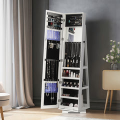 HAOYYE 360-Degree Rotation Full-Body Mirror Cabinet, Moisture-Proof PVC Dressing Mirror with Jewelry Storage, White Storage Mirror for Bedroom, Bathroom, and Dressing Room