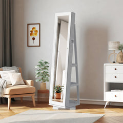 HAOYYE 360-Degree Rotation Full-Body Mirror Cabinet, Moisture-Proof PVC Dressing Mirror with Jewelry Storage, White Storage Mirror for Bedroom, Bathroom, and Dressing Room