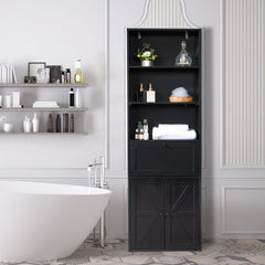 HAOYYE 3-Layer Display Cabinet with 1 Drawer and 2 Doors, Double Z Shape Melamine Board Design, Elegant Black Finish, Soft and Cozy Warm Flannel Fleece Home Decor, Luxury Comfortable Unique Premium Quality Storage Solution for Living Room or Bedroom