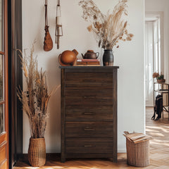 HAOYYE Brown MDF 5-Drawer Chest of Drawers with Solid Wood Veneer, Modern Dresser for Bedroom, Living Room, Hallway, Sturdy and Durable Furniture for Organizing Clothes, Jewelry, and Essentials