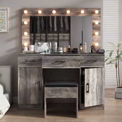 HAOYYE Vanity Desk Set with Large Lighted Mirror and Power Outlet, Glass Top Makeup Vanity with 3 Drawers and 2 Cabinets, 12 LED Lights with 3 Adjustable Lighting Colors, Modern Grey Vanity Table with USB Ports for Bedroom, Dressing Room, or Salon