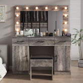 HAOYYE Vanity Desk Set with Large Lighted Mirror and Power Outlet, Glass Top Makeup Vanity with 3 Drawers and 2 Cabinets, 12 LED Lights with 3 Adjustable Lighting Colors, Modern Grey Vanity Table with USB Ports for Bedroom, Dressing Room, or Salon