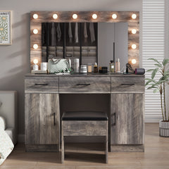 HAOYYE Vanity Desk Set with Large Lighted Mirror and Power Outlet, Glass Top Makeup Vanity with 3 Drawers and 2 Cabinets, 12 LED Lights with 3 Adjustable Lighting Colors, Modern Grey Vanity Table with USB Ports for Bedroom, Dressing Room, or Salon