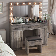 HAOYYE Vanity Desk Set with Large Lighted Mirror and Power Outlet, Glass Top Makeup Vanity with 3 Drawers and 2 Cabinets, 12 LED Lights with 3 Adjustable Lighting Colors, Modern Grey Vanity Table with USB Ports for Bedroom, Dressing Room, or Salon