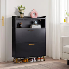 HAOYYE Double Door 6-Layer Shoe Cabinet with High Legs and Energy-Efficient LED Lighting, Durable Particle Board Construction, Modern Black Finish, Spacious Storage for Entryway, Hallway, or Closet Organization