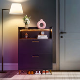 HAOYYE Double Door 6-Layer Shoe Cabinet with High Legs and Energy-Efficient LED Lighting, Durable Particle Board Construction, Modern Black Finish, Spacious Storage for Entryway, Hallway, or Closet Organization