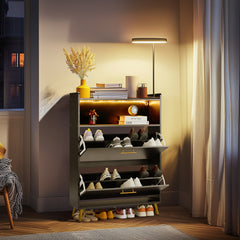 HAOYYE Double Door 6-Layer Shoe Cabinet with High Legs and Energy-Efficient LED Lighting, Durable Particle Board Construction, Modern Black Finish, Spacious Storage for Entryway, Hallway, or Closet Organization