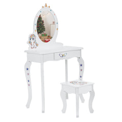 HAOYYE Kids Vanity Table and Chair Set, Girls Unicorn Vanity with Mirror & Stool, Cute Pretend Play Makeup Dressing Table, White Princess Vanity for Toddlers, Kids Bedroom Furniture, Perfect Gift for Birthday or Holidays