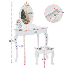 HAOYYE Kids Vanity Table and Chair Set, Girls Unicorn Vanity with Mirror & Stool, Cute Pretend Play Makeup Dressing Table, White Princess Vanity for Toddlers, Kids Bedroom Furniture, Perfect Gift for Birthday or Holidays