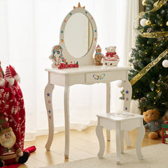 HAOYYE Kids Vanity Table and Chair Set, Girls Unicorn Vanity with Mirror & Stool, Cute Pretend Play Makeup Dressing Table, White Princess Vanity for Toddlers, Kids Bedroom Furniture, Perfect Gift for Birthday or Holidays
