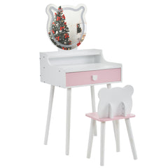 HAOYYE Kids Vanity Table and Chair Set, Girls Vanity with Bear-Shaped Mirror & 3-Color LED Lights, Large Drawer & Storage Shelf, Pretend Play Makeup Dressing Table for Toddlers, White, Ideal for Bedrooms, Playrooms, Birthday Gift for Little Princesses