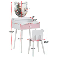 HAOYYE Kids Vanity Table and Chair Set, Girls Vanity with Bear-Shaped Mirror & 3-Color LED Lights, Large Drawer & Storage Shelf, Pretend Play Makeup Dressing Table for Toddlers, White, Ideal for Bedrooms, Playrooms, Birthday Gift for Little Princesses