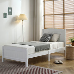 HAOYYE FCH Twin Size Pine Wood Bed with Single-Layer Core, Vertical Stripe Full-Board Design, Curved Headboard and Matching Footboard, Modern White Wooden Bed Frame for Bedroom, Durable, Stylish, Easy Assembly