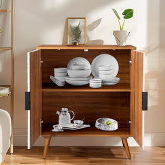 HAOYYE Bohemian Sideboard Storage Cabinet with White Pattern Carved MDF Door Panels Original Wood Melamine Body High Legs Modern Accent Buffet Cabinet for Living Room or Entryway