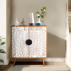 HAOYYE Bohemian Sideboard Storage Cabinet with White Pattern Carved MDF Door Panels Original Wood Melamine Body High Legs Modern Accent Buffet Cabinet for Living Room or Entryway