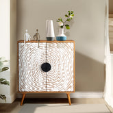 HAOYYE Bohemian Sideboard Storage Cabinet with White Pattern Carved MDF Door Panels Original Wood Melamine Body High Legs Modern Accent Buffet Cabinet for Living Room or Entryway