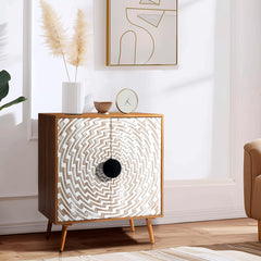 HAOYYE Bohemian Sideboard Storage Cabinet with White Pattern Carved MDF Door Panels Original Wood Melamine Body High Legs Modern Accent Buffet Cabinet for Living Room or Entryway