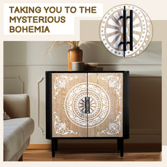 HAOYYE Pattern Carved Sideboard With High Feet And Oval Tabletop, Curved Side Frame, MDF Door Panels With Spray Paint Finish, Polished Melamine Board Cabinet Body, Elegant Modern Storage Cabinet For Living Room And Dining Room