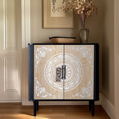 HAOYYE Pattern Carved Sideboard With High Feet And Oval Tabletop, Curved Side Frame, MDF Door Panels With Spray Paint Finish, Polished Melamine Board Cabinet Body, Elegant Modern Storage Cabinet For Living Room And Dining Room