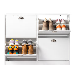 HAOYYE Modern White Shoe Cabinet with 2 Rows and 4 Drawers Storage Organizer Particle Board Shoe Rack for Entryway Hallway Living Room Bedroom Space-Saving Design Easy Assembly