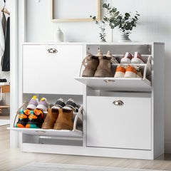 HAOYYE Modern White Shoe Cabinet with 2 Rows and 4 Drawers Storage Organizer Particle Board Shoe Rack for Entryway Hallway Living Room Bedroom Space-Saving Design Easy Assembly