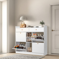 HAOYYE Modern Shoe Cabinet with 4 Drawers Including 2 Top Baffle Drawers, Sleek White Particle Board Design, Space-Saving Storage Organizer for Entryway, Hallway, or Closet, Contemporary Home Furniture