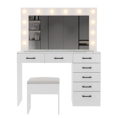 HAOYYE Vanity Desk Set with Large LED Lighted Mirror, 12 Lights, Adjustable 3-Color Lighting, Glass Top Makeup Vanity Table with 7 Drawers, Power Outlet, White Vanity Table for Bedroom & Dressing Room