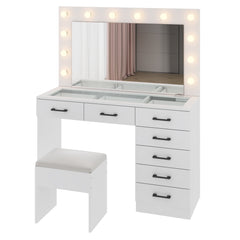 HAOYYE Vanity Desk Set with Large LED Lighted Mirror, 12 Lights, Adjustable 3-Color Lighting, Glass Top Makeup Vanity Table with 7 Drawers, Power Outlet, White Vanity Table for Bedroom & Dressing Room
