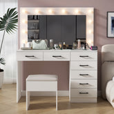 HAOYYE Vanity Desk Set with Large LED Lighted Mirror, 12 Lights, Adjustable 3-Color Lighting, Glass Top Makeup Vanity Table with 7 Drawers, Power Outlet, White Vanity Table for Bedroom & Dressing Room