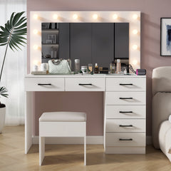 HAOYYE Vanity Desk Set with Large LED Lighted Mirror, 12 Lights, Adjustable 3-Color Lighting, Glass Top Makeup Vanity Table with 7 Drawers, Power Outlet, White Vanity Table for Bedroom & Dressing Room