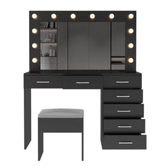 HAOYYE Makeup Vanity Desk Set with Large Lighted Mirror, Power Outlet, Glass Top, 7 Drawers, 12 LED Lights, 3 Adjustable Lighting Colors, Black Vanity Table with Storage for Bedroom or Beauty Room