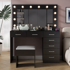 HAOYYE Makeup Vanity Desk Set with Large Lighted Mirror, Power Outlet, Glass Top, 7 Drawers, 12 LED Lights, 3 Adjustable Lighting Colors, Black Vanity Table with Storage for Bedroom or Beauty Room