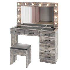 HAOYYE Vanity Desk Set with Large Lighted Mirror, Adjustable 12-LED Lighting in 3 Colors, Glass Top Makeup Vanity with 7 Spacious Drawers, Built-in Power Outlet, Grey Modern Vanity Table for Bedroom and Beauty Room