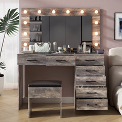 HAOYYE Vanity Desk Set with Large Lighted Mirror, Adjustable 12-LED Lighting in 3 Colors, Glass Top Makeup Vanity with 7 Spacious Drawers, Built-in Power Outlet, Grey Modern Vanity Table for Bedroom and Beauty Room