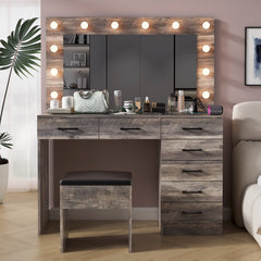 HAOYYE Vanity Desk Set with Large Lighted Mirror, Adjustable 12-LED Lighting in 3 Colors, Glass Top Makeup Vanity with 7 Spacious Drawers, Built-in Power Outlet, Grey Modern Vanity Table for Bedroom and Beauty Room