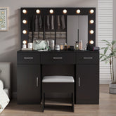 HAOYYE Vanity Desk Set with Large Lighted Mirror and Power Outlet, Glass Top Makeup Vanity with 3 Drawers and 2 Cabinets, 12 LED Lights with 3 Adjustable Lighting Colors, Modern Black Vanity Table with USB Ports for Bedroom, Dressing Room, or Salon